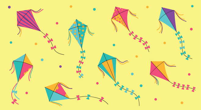 Whimsical pattern of colorful kites gracefully floating across a bright yellow sky dotted with vibrant confetti for a playful design.