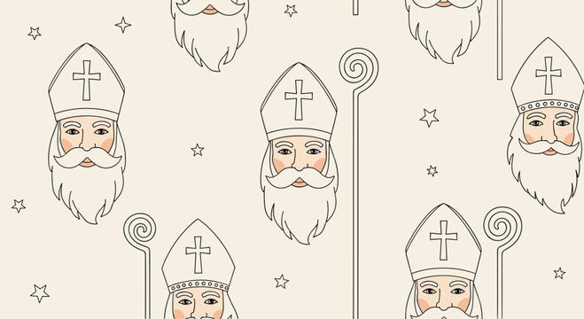 Seamless pattern celebrates the Sinterklaas tradition with line-art illustrations of Saint Nicholas's face and his pastoral crosier.