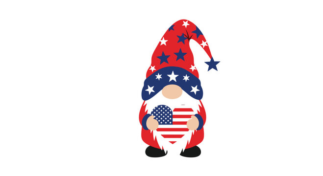 Festive gnome character celebrates American patriotism, wearing a tall hat with stars and stripes and holding a heart-shaped US flag.