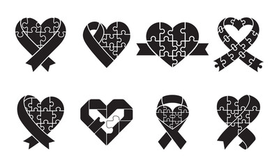 Collection of eight stylized puzzle heart icons with ribbons, representing autism