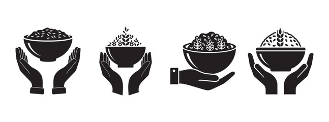 Four black icons of hands holding bowls of grains and plants, representing agriculture
