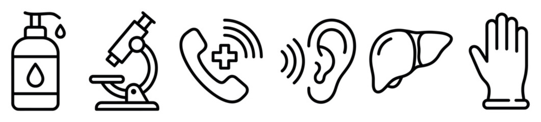 Set of black medical line icons including a sanitizer dispenser, microscope, emergency phone call, hearing symbol, human liver, and a protective glove