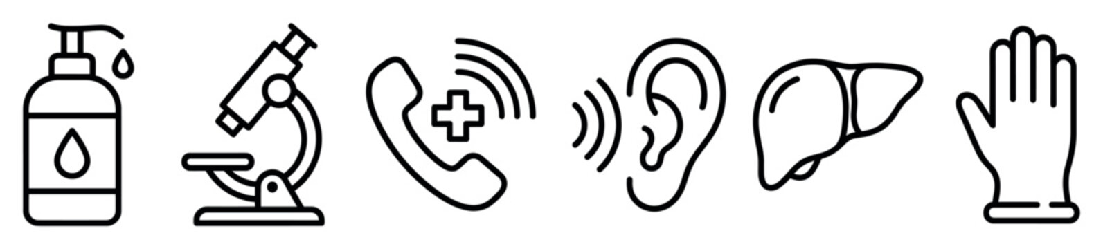 Set of black medical line icons including a sanitizer dispenser, microscope, emergency phone call, hearing symbol, human liver, and a protective glove