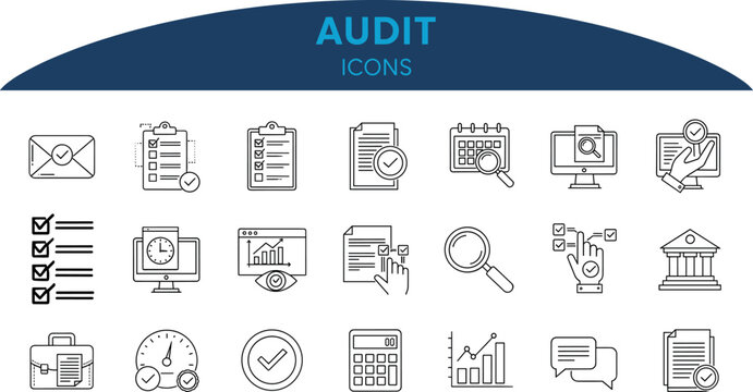 Vector collection of audit and compliance line icons including checklists, reports, analytics, verification and financial review symbols