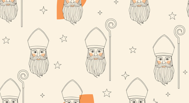 Artistic seamless pattern for Sinterklaas features hand-drawn faces of Saint Nicholas, crosiers, and stars on a neutral background.