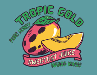 Fototapeta premium Tropical mango juice illustration. Sweetest fruit beverage graphic. Pure honey mango design. Refreshing summer drink print. Exotic mango vector artwor