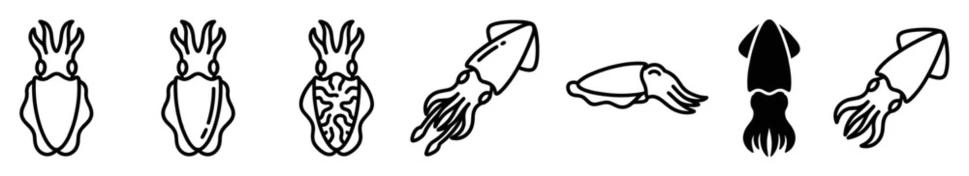 Collection of black squid and cuttlefish icons presented in a minimalist line art and silhouette style, showing various designs for seafood or marine life concepts