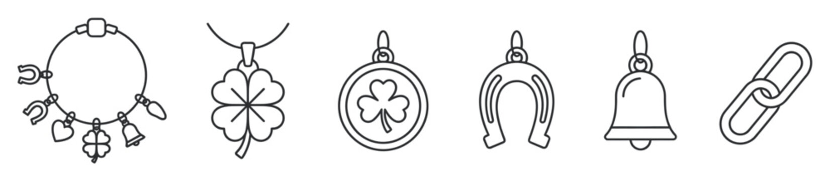 Good luck charm and jewelry line icons including a charm bracelet, four-leaf clover, shamrock medallion, horseshoe, bell, and chain link in a minimalist vector illustration set
