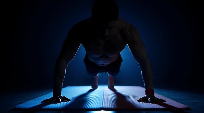 Muscular man performing push-ups in dark gym with dramatic lighting