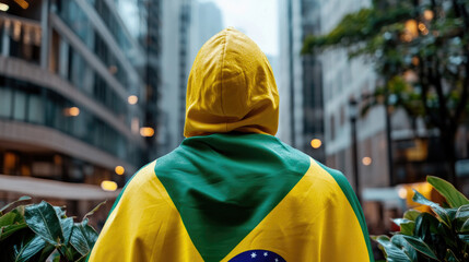 Young patriot celebrating national heritage and independence, proudly wearing the Brazilian flag outdoors during a public event or demonstration