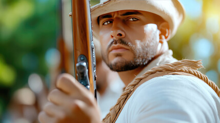 Brazilian freedom fighter portraying a determined gaze, embodying historical struggle and national independence, reflecting the spirit of revolution and patriotism
