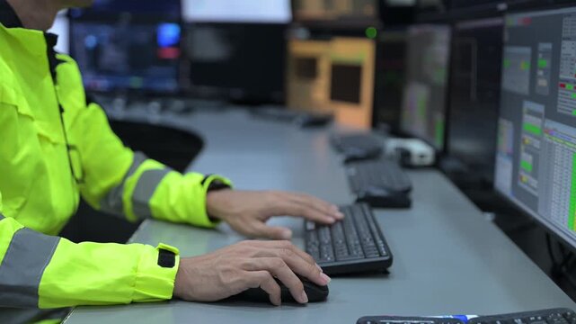 Professional engineer monitoring complex data systems on multiple screens in modern control center. Male worker analyzing digital charts and graphs for security and automation performance.