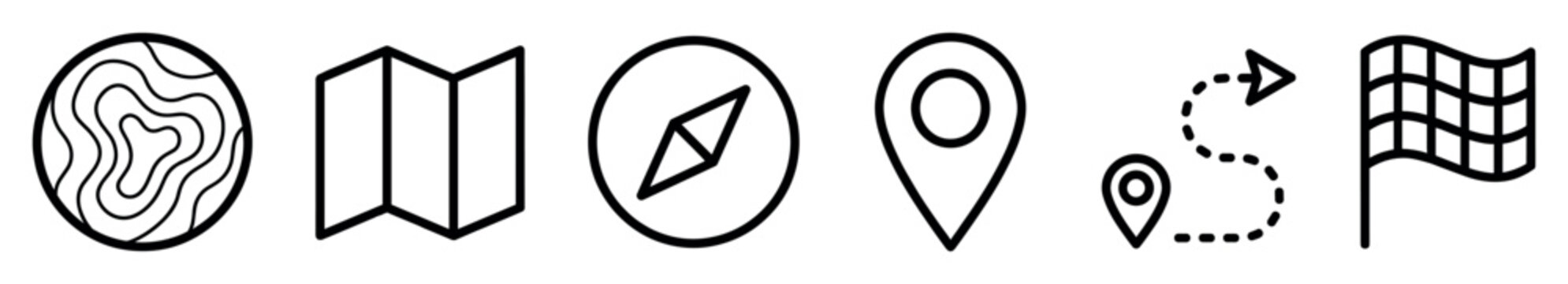 Set of black line art icons for navigation and travel, featuring a topographic map, folded chart, compass, location pin, dotted route, and a checkered finish flag