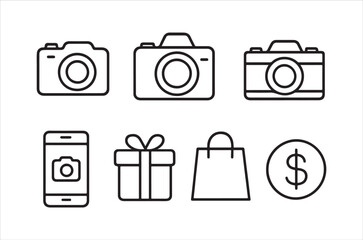 A set of minimalist line icons depicting cameras phones gifts and shopping