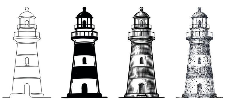 Four lighthouse illustrations in various artistic styles including continuous line drawing, silhouette, vintage engraving, and stippling dotwork for a nautical theme
