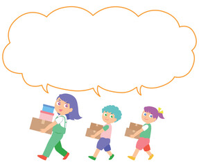 荷物を運ぶ女性と子どものイラスト吹き出し付き