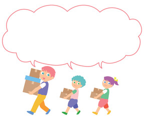 Fototapeta premium 荷物を運ぶ男性と子どものイラスト吹き出し付き