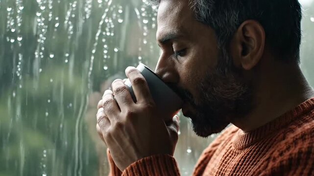 Man enjoying a hot beverage on a rainy day.