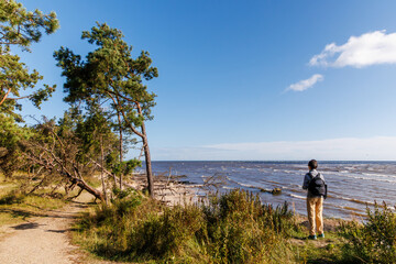 Hiker standing on coastal cliff overlooking rough sea and windswept shoreline. Scenic nature landscape with pine trees, blue sky and waves, ideal for travel and outdoor adventure themes © JaRu Creative Studio