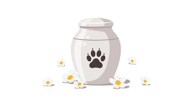 A white ceramic pet cremation urn with a black paw print sits surrounded by small white daisy flowers against a plain white background.