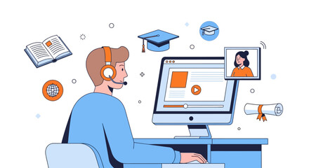 A man wearing a headset sits at a desk with a computer, surrounded by icons representing online education and communication © Fendi