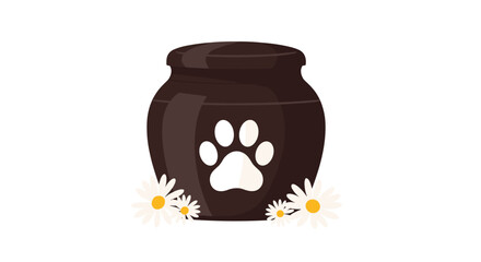 A dark brown pet cremation urn with a large white paw print is decorated with white daisy flowers at its base against a white background.