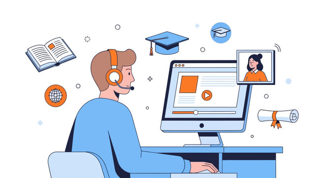 A man wearing a headset sits at a desk with a computer, surrounded by icons representing online education and communication