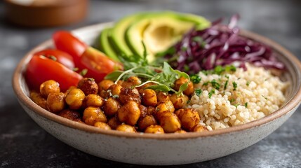 A vibrant and healthy buddha bowl filled with roasted chickpeas quinoa avocado tomatoes and red cabbage