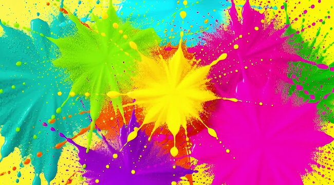 Vibrant explosion of colorful paint splatters on a bright yellow background, creating a festive and energetic abstract design.