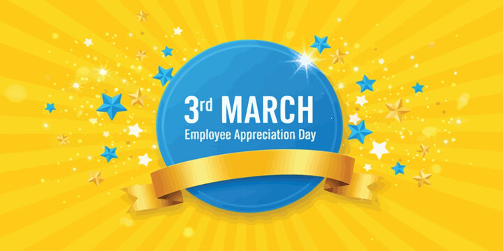 Blue badge with gold ribbon on vibrant yellow background for employee appreciation day
