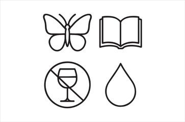Simple black line icons depict a butterfly book crossed wine glass and water droplet