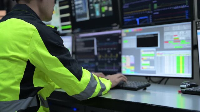 Professional engineer monitoring complex data systems on multiple screens in modern control center. Male worker analyzing digital charts and graphs for security and automation performance.