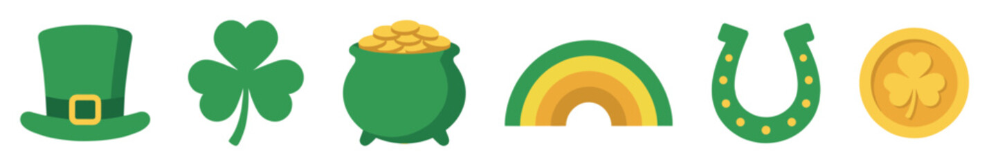 Fototapeta na wymiar Saint Patrick's Day icon collection featuring a green leprechaun hat, shamrock, pot of gold, rainbow, lucky horseshoe, and a gold coin in a simple flat illustration style