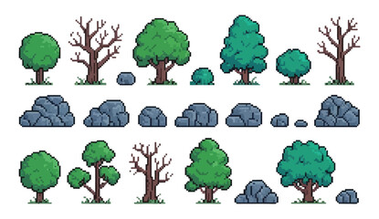Pixel Plants and Stones Vector Set, Retro 8 Bit Video Game Sprite Assets with Rocks, Forest and Park Trees, Logs, Tree Trunks and Stumps, Isolated Game Illustration