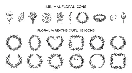 Obraz premium Large collection of hand-drawn floral icons and wreath outlines for decorative graphic design, featuring simple flowers, leaves, bouquets, and botanical frames
