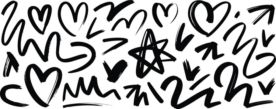 A versatile black and white abstract illustration with hand-drawn doodle elements, featuring expressive hearts, arrows, stars, and artistic scribbles for creative design
