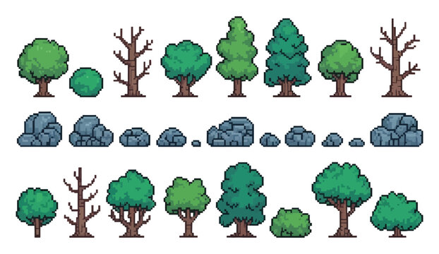 Pixel Plants and Stones Vector Set, Retro 8 Bit Video Game Sprite Assets with Rocks, Forest and Park Trees, Logs, Tree Trunks and Stumps, Isolated Game Illustration