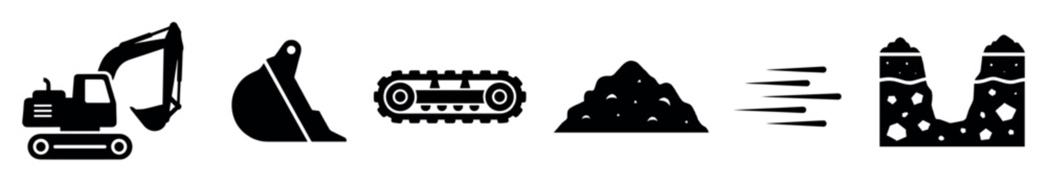 Set of black construction machinery icons showing an excavator, bucket, crawler track, pile of soil, and a dug trench, representing earthmoving and building work in a simple glyph style
