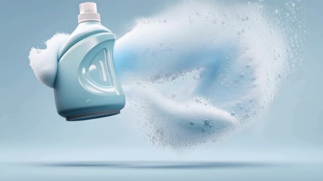 Laundry detergent bottle floating through swirling soap foam and bubbles on clean blue studio background