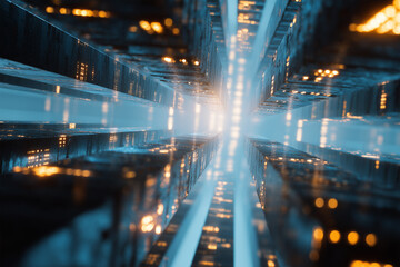 Obraz premium Light beams shining through towering city structures at twilight