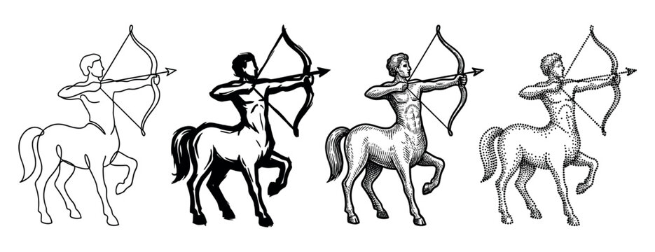 Four centaur archer zodiac sign illustrations in different artistic styles including line art, silhouette, engraving, and stippling, representing the mythological Sagittarius