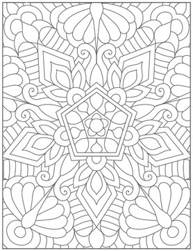 Intricate black and white vertical mandala pattern with a central pentagon shape and ornate floral and geometric elements
