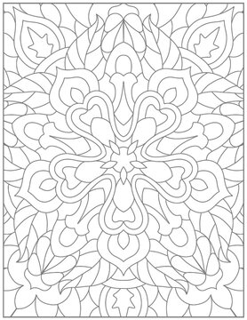 Black and white outline mandala pattern with intricate floral and leaf-like symmetrical designs for coloring