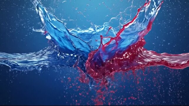 Dynamic splash of blue and red liquid merging together