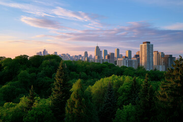 Fototapeta premium City skyline at dusk embraced by lush green trees
