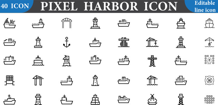Pixel harbor icon set in editable line style 