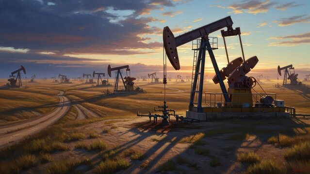 Oil pump jacks in open field at sunset for energy and industrial concepts