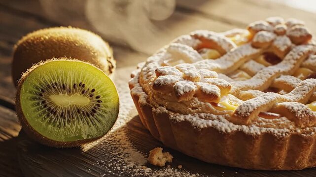 Fresh kiwi fruit and sweet baked tart on wooden table