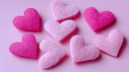 Obraz premium Colorful Felt Hearts in Varied Shades of Pink Arranged Creatively on a Soft Pink Background Perfect for Crafting or Holiday Decorations