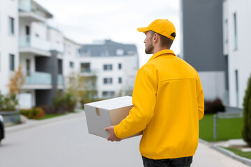 Delivery person brings package to modern residential area
